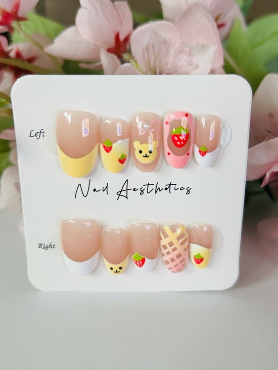 Other - Cute Strawberry & Bear Press-On Nail Set in Pink, Yellow, White (s,m)